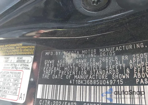 2005 Toyota Avalon Xl из США, поврежденный, VIN 4T1BK36B85U049715